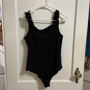 ⏩ Ruffle Strap Black Ribbed Body Suit Boutique